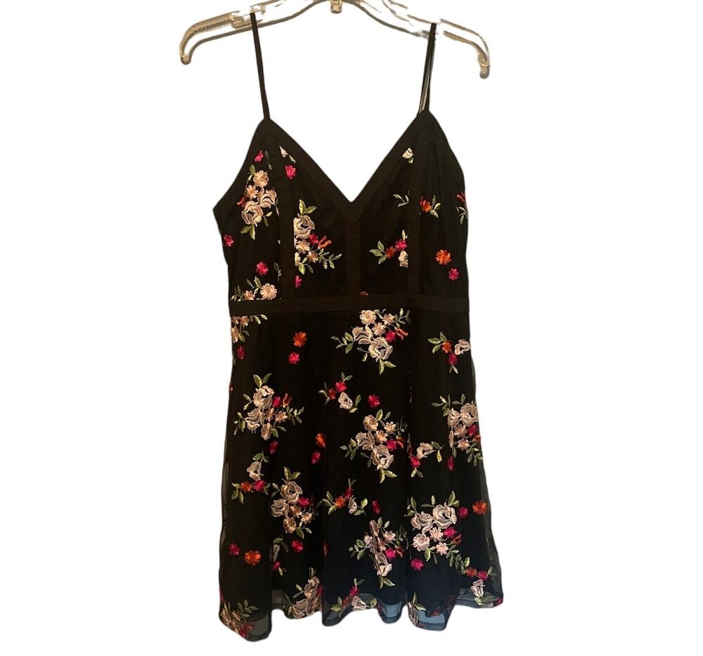 Lulus Black Embroidered Lace Floral Mini Dress Spaghetti Strap Large